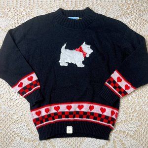 Vintage 1980s Merremont Girls 10-12 Years Black Heart Fuzzy Terrier Knit Sweater